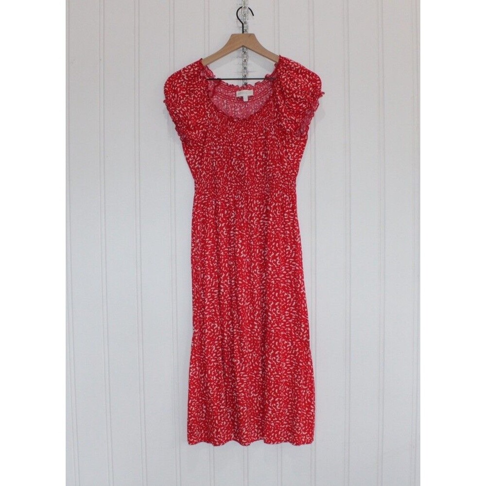 Apricot Red Smocked Midi Dress‎ Ditsy Print Puff Sleeve Cottagecore Boho Size 10